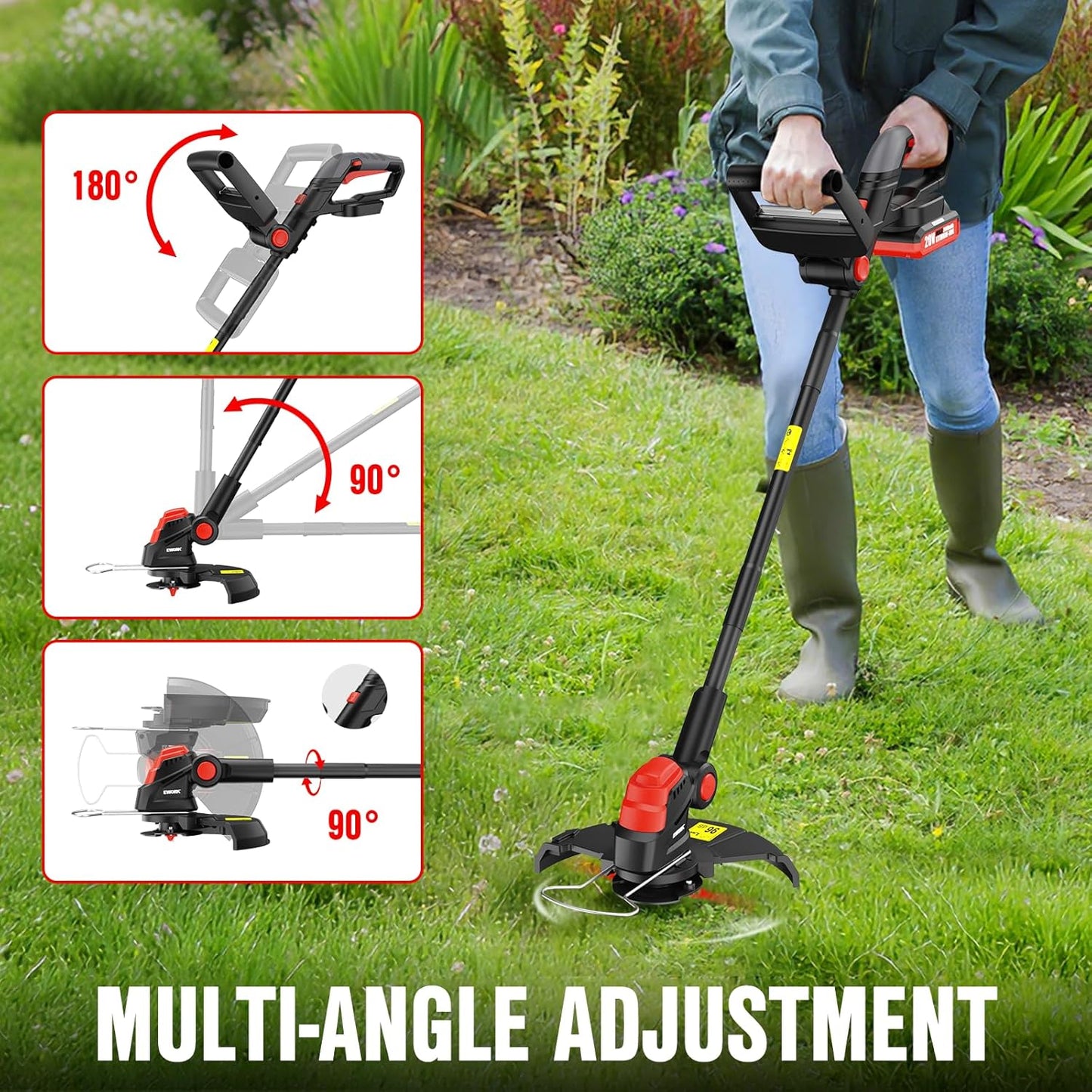 EWORK Weed Wacker Cordless 20V 10-Inch, Upgraded Cutter Blade, Weed Eater Battery Powered with 2×2.0Ah Batteries & Fast Charger, 2-in-1 Electric Grass Trimmer for Edger, Lawn, Garden