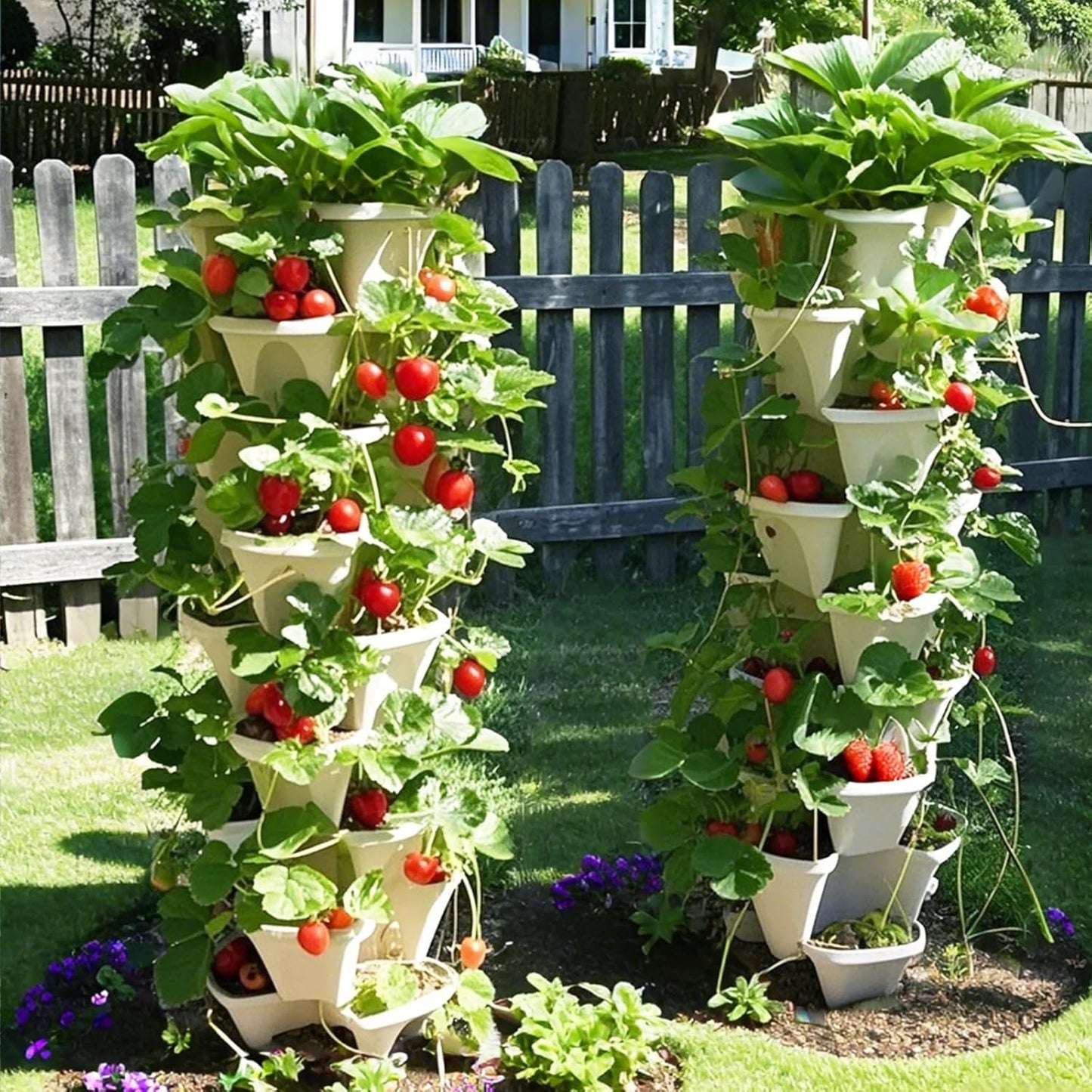 7 Tiered Strawberry Planters 2 Pack, Vertical Stackable Planter, Herb Stacking Tower Garden, Flower and Vegetable Planters with Support Pole Indoor & Outdoor with Removable Wheels - White