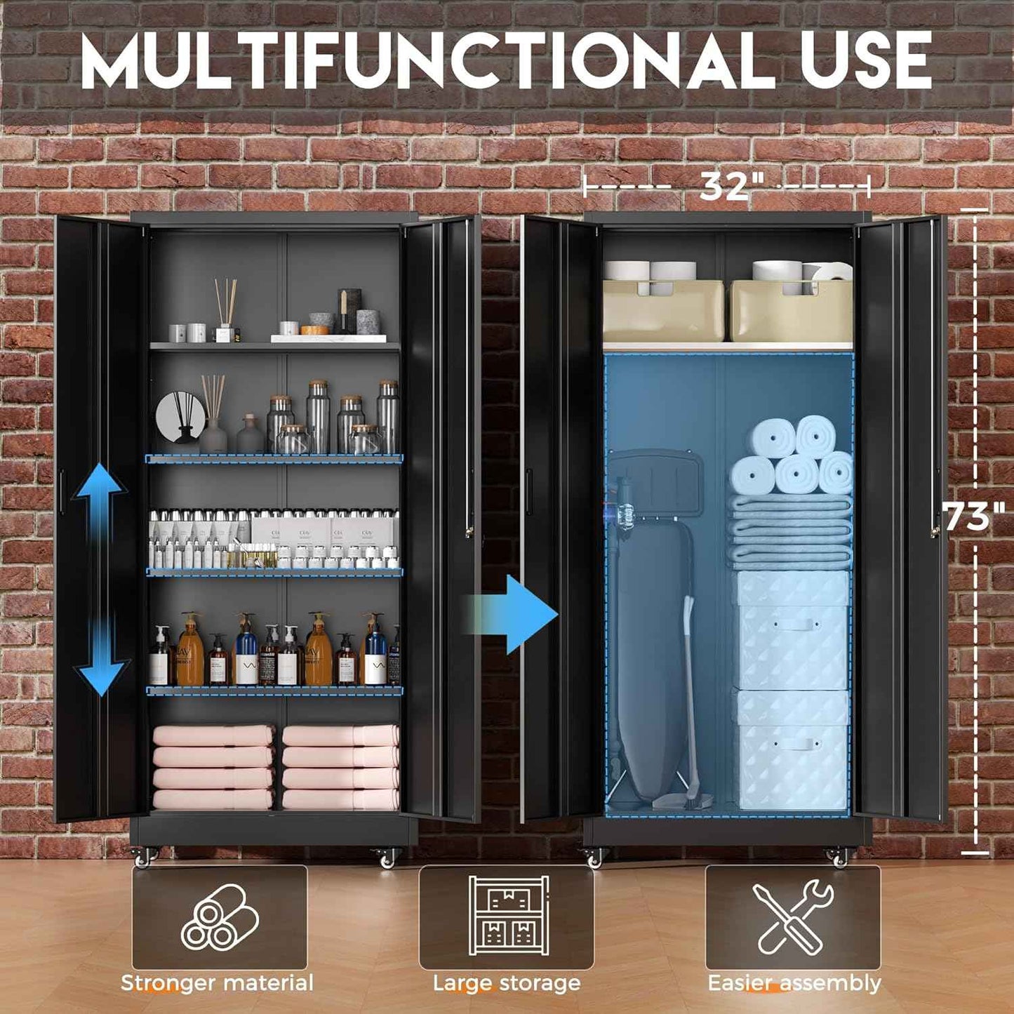 Greenvelly Metal Garage Storage Cabinet with 4 Swivel Wheels, 73” Black Storage Cabinet on Wheels, Rolling Tool Cabinet with Locking Doors and Shelves for Garage, Basement, Home, Warehouse
