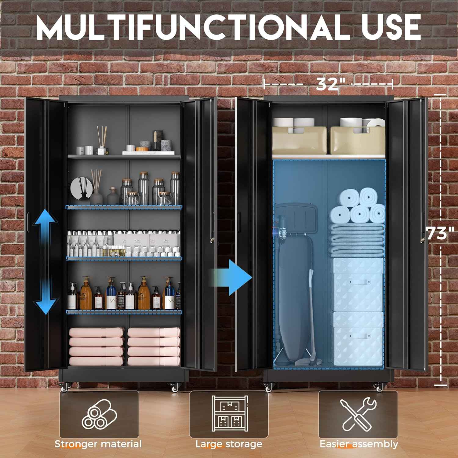 Greenvelly Metal Garage Storage Cabinet with 4 Swivel Wheels, 73” Black Storage Cabinet on Wheels, Rolling Tool Cabinet with Locking Doors and Shelves for Garage, Basement, Home, Warehouse