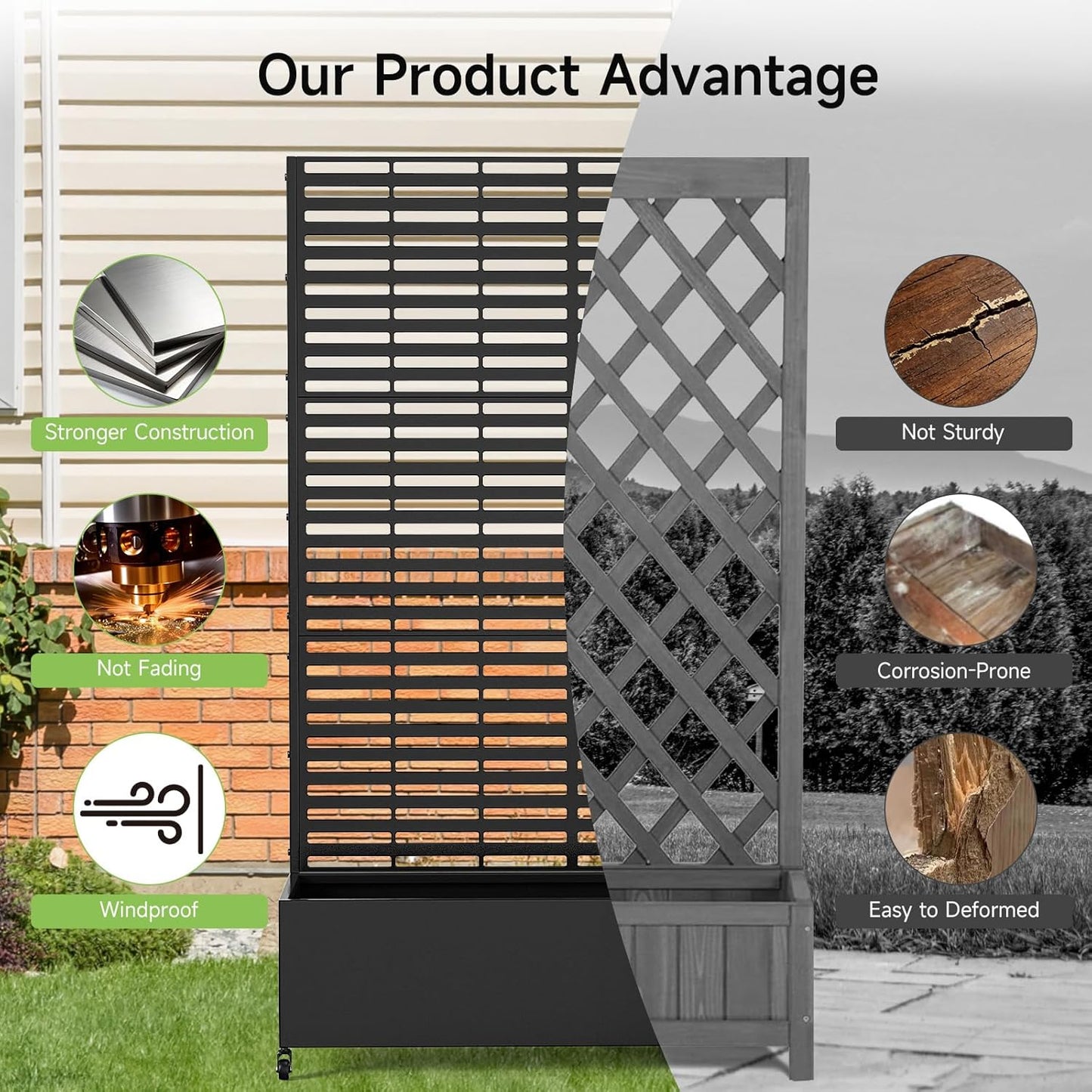 Metal Raised Garden Bed with Trellis and Wheels, 73" x 47" x 16" Planter Box with Trellis with Drainage Holes, Privacy Planters for Patio with Privacy Screen for Climbing Plants Flower Vegetables