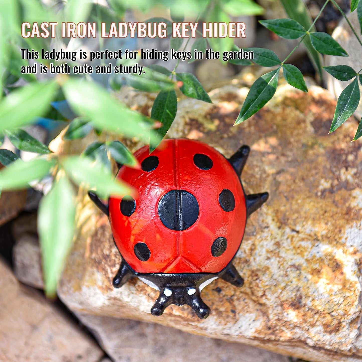 Sungmor Cast Iron Ladybug Key Hider, Hidden Key Holder for Indoor Outdoor, Hand Painted Garden Animal Statue Lawn Ornament, Decorative Jewelry Box Spare Key Hider for Shelf
