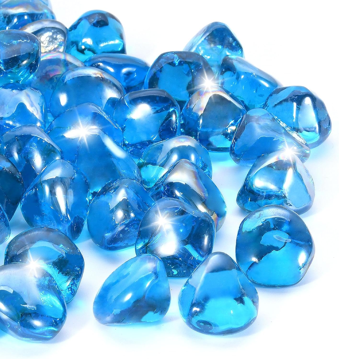 Caribbean Blue Firepit Glass Rocks 20 Pounds, 1 Inch Diamond Fire Stones for Propane Fire Pit, Fireplace and Outdoor Decorative, High Luster Glass Beads