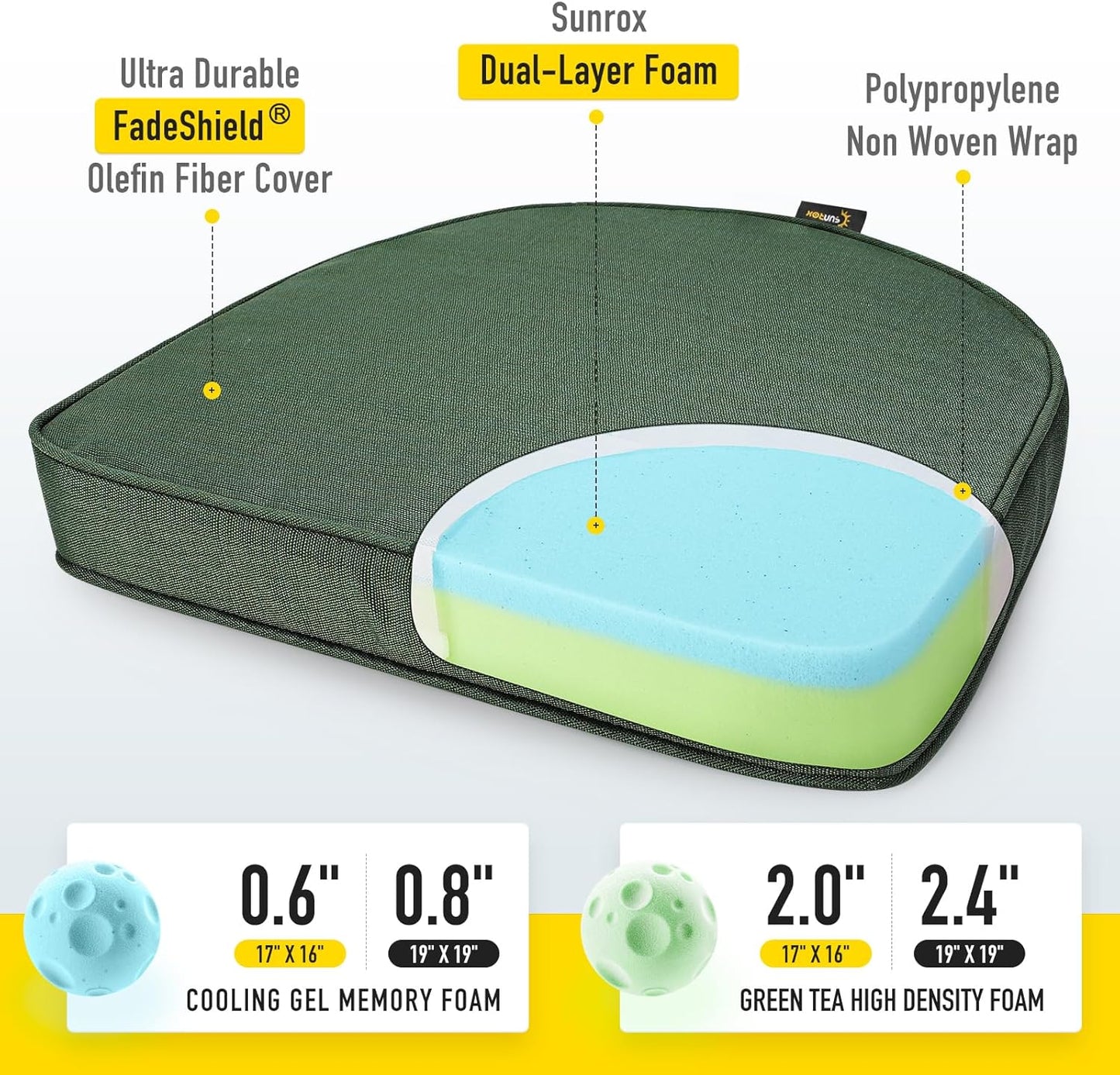 SUNROX Gel Memory Foam Chair Cushions, FadeShield Water-, Stain-Resistant Durable Reversible Seat Cushion Pads with Ties for Indoor/Outdoor Kitchen Dining Office, 19"x19", Set of 2, Heather Fern