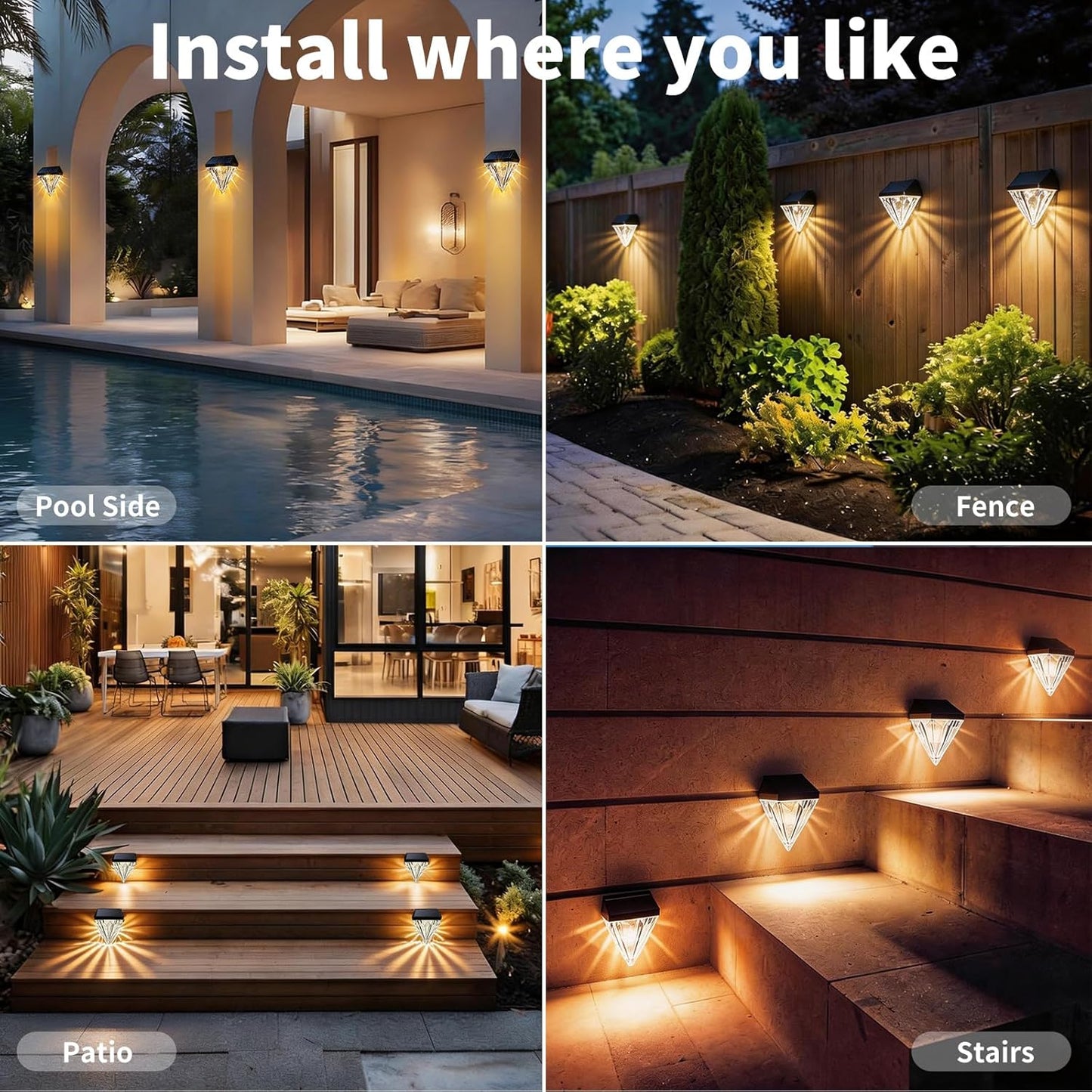 Solar Fence Lights, Solar Deck Lights Outdoor Waterproof, Warm White LED Solar Wall Lights 4 Pack for Garden Stair, Fence, Patio, Front Porch, Pathway & Wall Decor