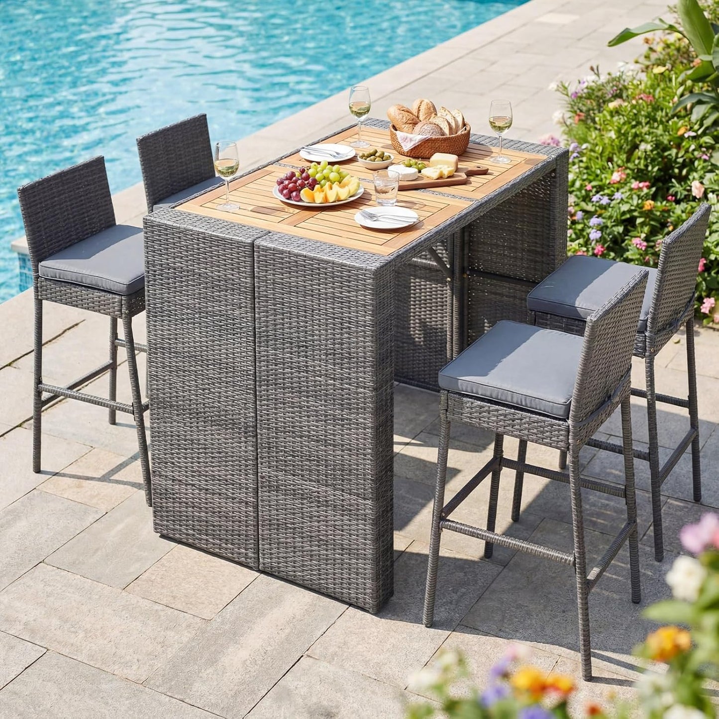 Tangkula 5 Piece Wicker Outdoor Bar Set, Patiojoy Acacia Wood Patio Table and Chairs Set with Bar Height Table & 4 Rattan Bar Stool, Backrest and Footrest for Pool Backyard Deck