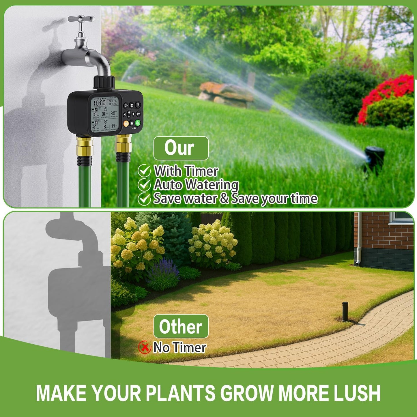 Sprinkler Timer 2 Outlets, Programmable Water Hose Timer with Rain Delay/Manual/Automatic Watering System, Outdoor Digital Automatic Irrigation for Garden Yard Lawn with Large Display(Black)