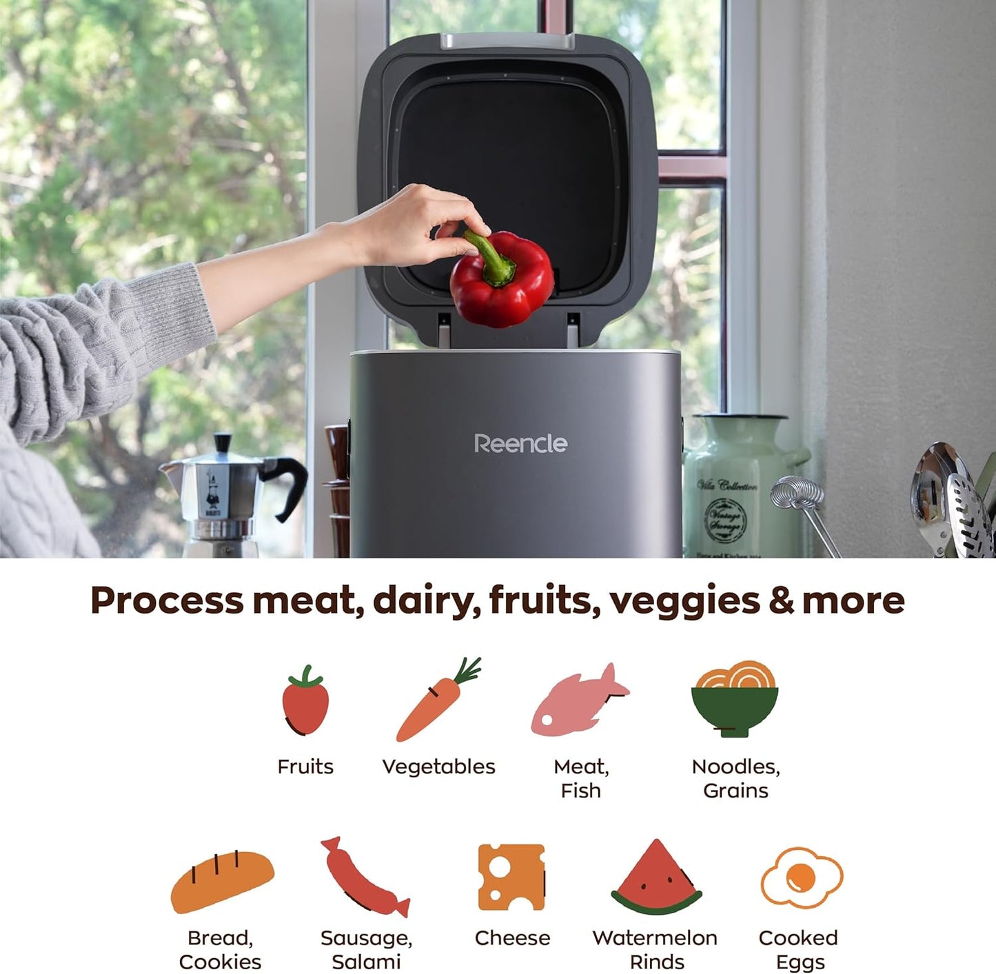 Prime Electric Composter - 14L Kitchen Composter, Decomposes Up to 2.2 lbs Food Waste Daily, Odorless Indoor Composting with Whisper-Quiet Technology & Rapid Decomposition (Silver)