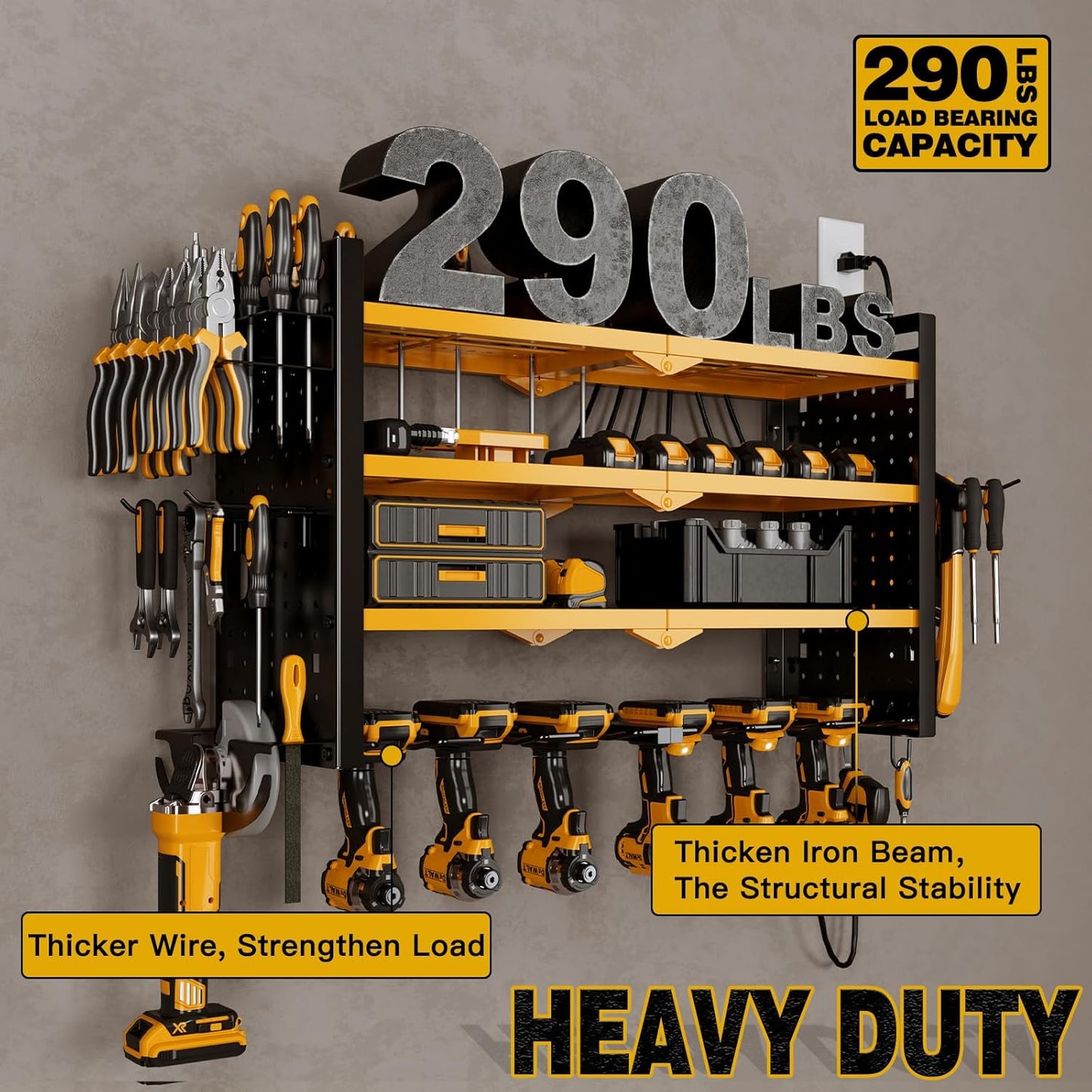 Power Tool Organizer Wall Mount with Charging Station 4 Layer 6 Slot Cordless Drill Holder with Angle Grinder Holder (Yellow)