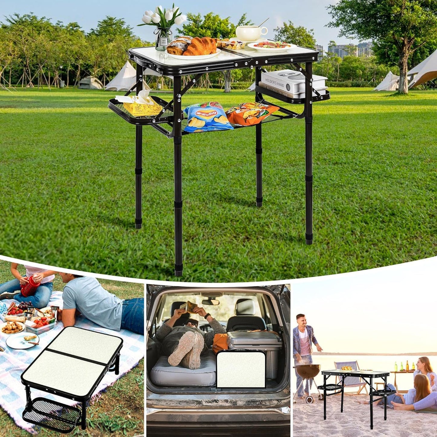 Folding Camping Table Outdoor Indoor Picnic BBQ Aluminum Lightweight Tall Camping Table 3-Height Adjustable 25in Max 50 Extra Space with Carry Handle & Mesh Pocket Small Foldable Table