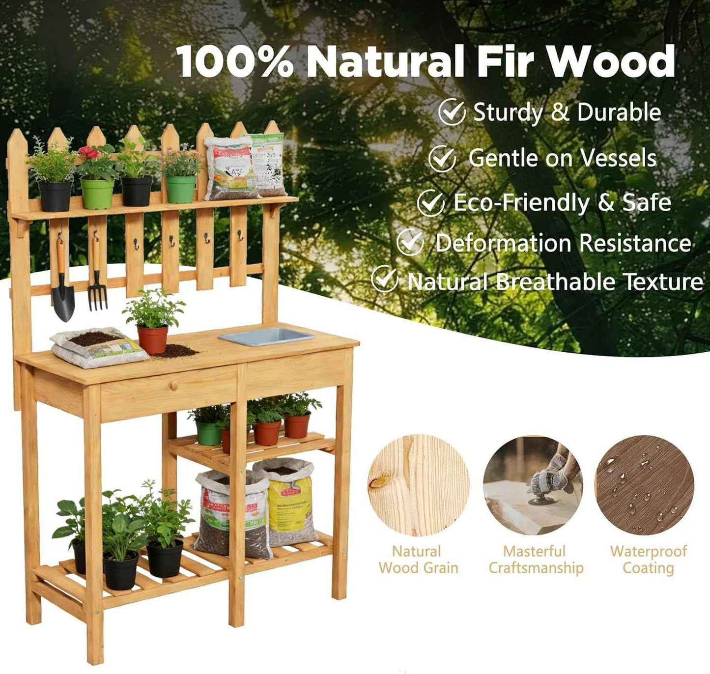 Outdoor Potting Bench, Wooden Potting Table with Built-in Sink, Drawer, Hooks & Storage Shelves – Large Gardening Bench for Outside Garden Workstation, Backyard Patio Balcony, Brown