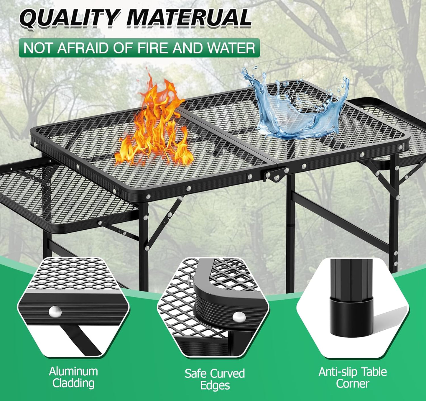 Folding Grill Table 30.3" Height Adjustable, Outdoor Camping Table with 2 Extra Desktops, 3x2 FT Portable Metal Grill Table for Outside for Picnic BBQ Camping Beach