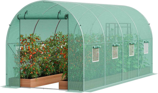 15x7x7 ft Walk-in Greenhouse for Outside - Heavy Duty Galvanized Steel Hoop House with PE Cover, 8 Windows & Roll-Up Door - Outdoor Plant Tunnel for Gardening, Vegetables & Year-Round Growing