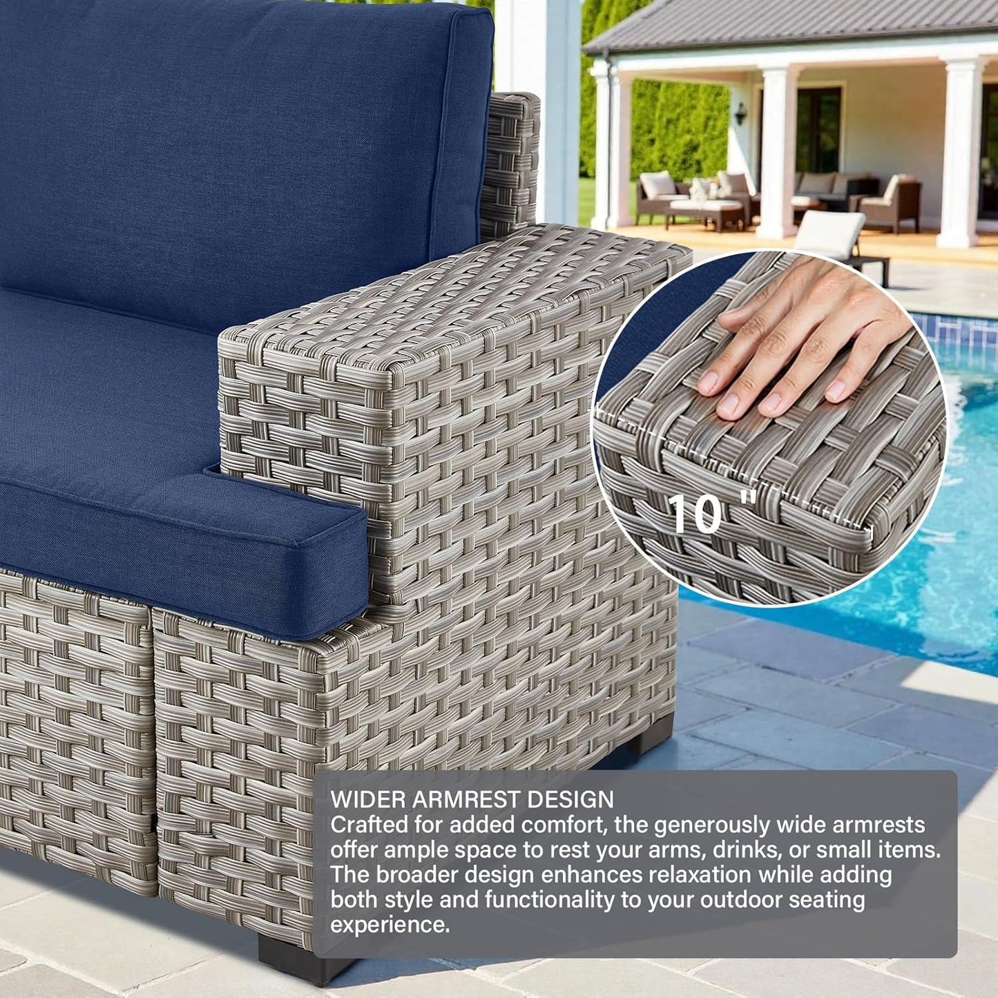 9 Piece Patio Furniture Set with 43-Inch Propane Fire Pit Table, Outdoor Sectional Sofa Set, 5 Seater Modular Wicker Seating with 50000 BTU Fire Table for Deck Backyard Casual Gathering