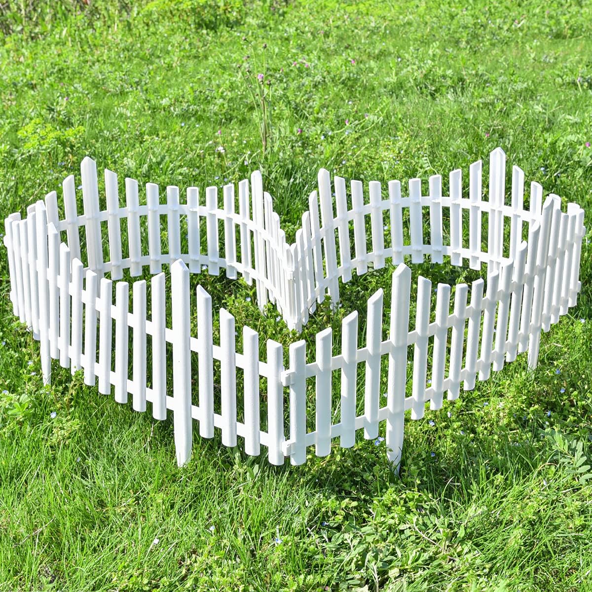Sungmor Plastic White Garden Picket Fence, Grass Lawn Flower Beds Landscaping Edging Borders, Outdoor Path Fence Panels, Pack of 8, Lightweight & Easy Installation