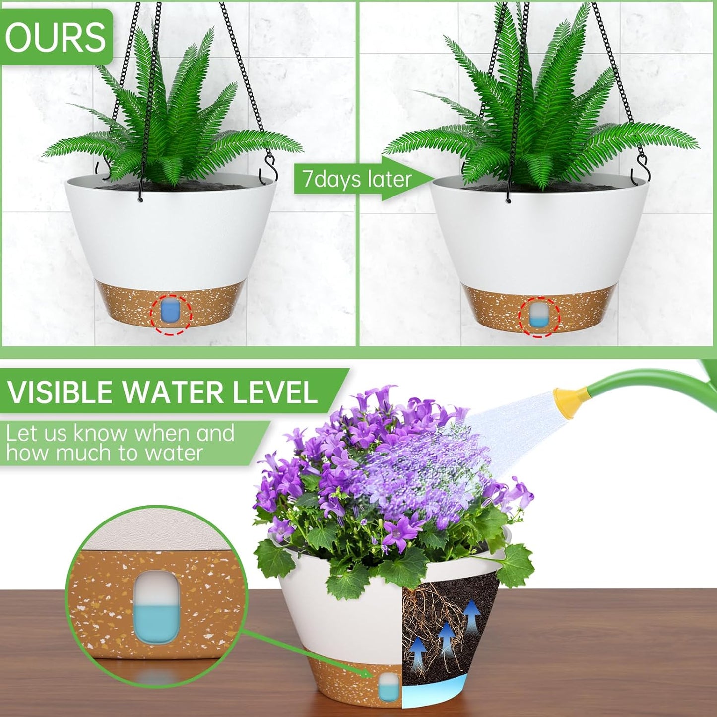 ZMTECH 8 Inch Hanging Planters for Indoor Plants, Hanging Baskets for Plants Outdoor with Visible Water Level, Hanging Flower Pots with Drainage Holes & Removable Tray(2 Pack, White)