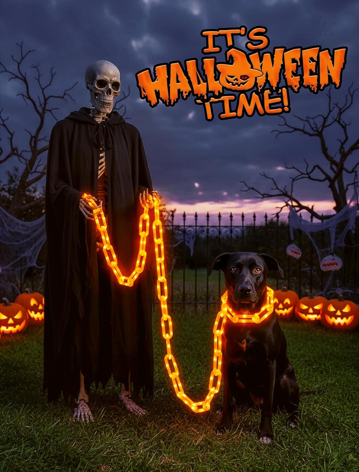 Halloween Decorations Chain Lights,10.4 Ft 175 LED Plastic Chain String Lights Battery Operated and USB,8 Lighting Modes Orange Light with Timer for Halloween Skeleton Dog Party Spooky Outdoor