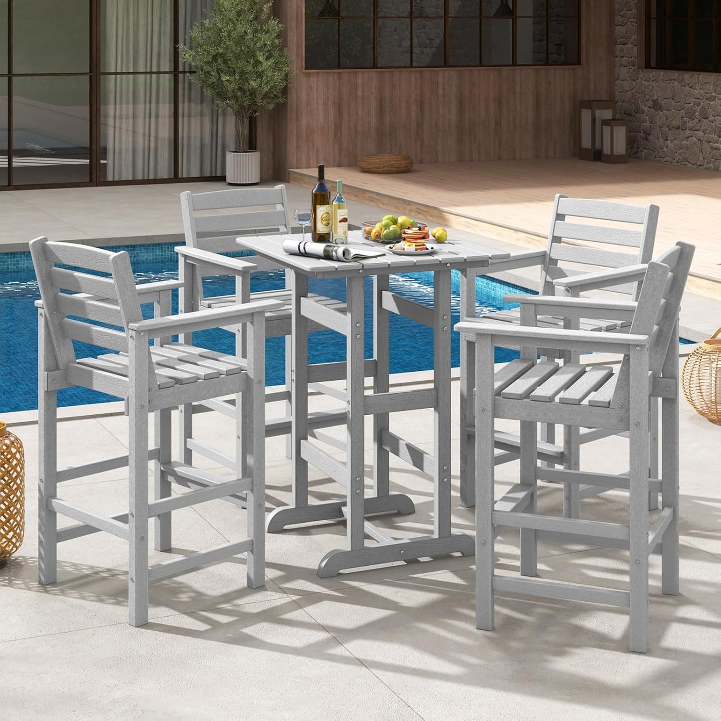 Giantex 42" Height Outdoor Tall Bar Table, HDPE Square Pub Tables with Wood Grains, High Top, Cocktail Bistro Table for Adirondack Chairs, Patio, Garden, Poolside, Yard, Balcony, Grey
