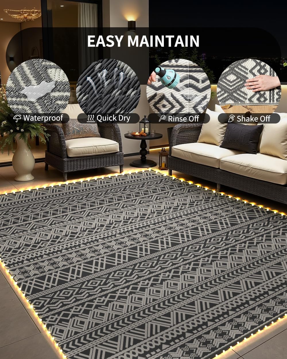 MontVoo-Outdoor Rug Carpet 8x10 ft for Patio RV Camping with Led Strip Lights Waterproof Plastic Straw Rug Reversible Portable Outside Indoor Outdoor Rug Mat for Patio Decor Balcony Picnic-Boho Rug