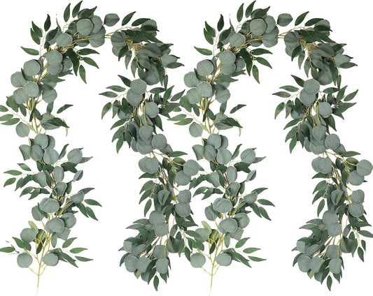 RECUTMS 2Pack Artificial Eucalyptus Garland with Willow Leaves 6Feet Fake Hanging Plant Silk Eucalyptus Willow Leaves Ivy Garland Faux Greenery for Indoor Outdoor Wedding Party Home Table Arch Decor