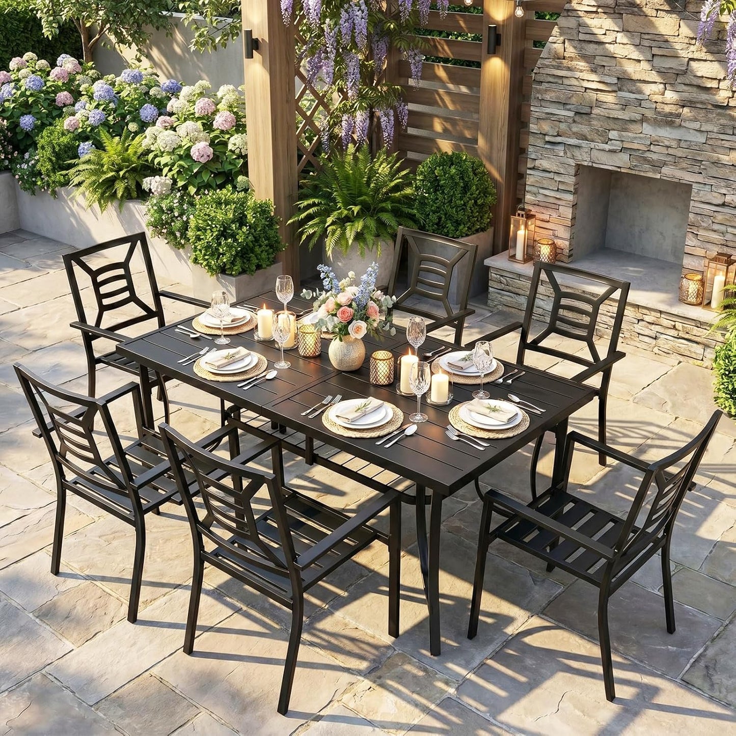 7 Piece Outdoor Patio Dining Sets, 60" Rectangular Metal Dining Table with Umbrella Hole & 6 Stackable Metal Chairs, Weather Resistant Garden Furniture Set for Backyard, Deck, Porch