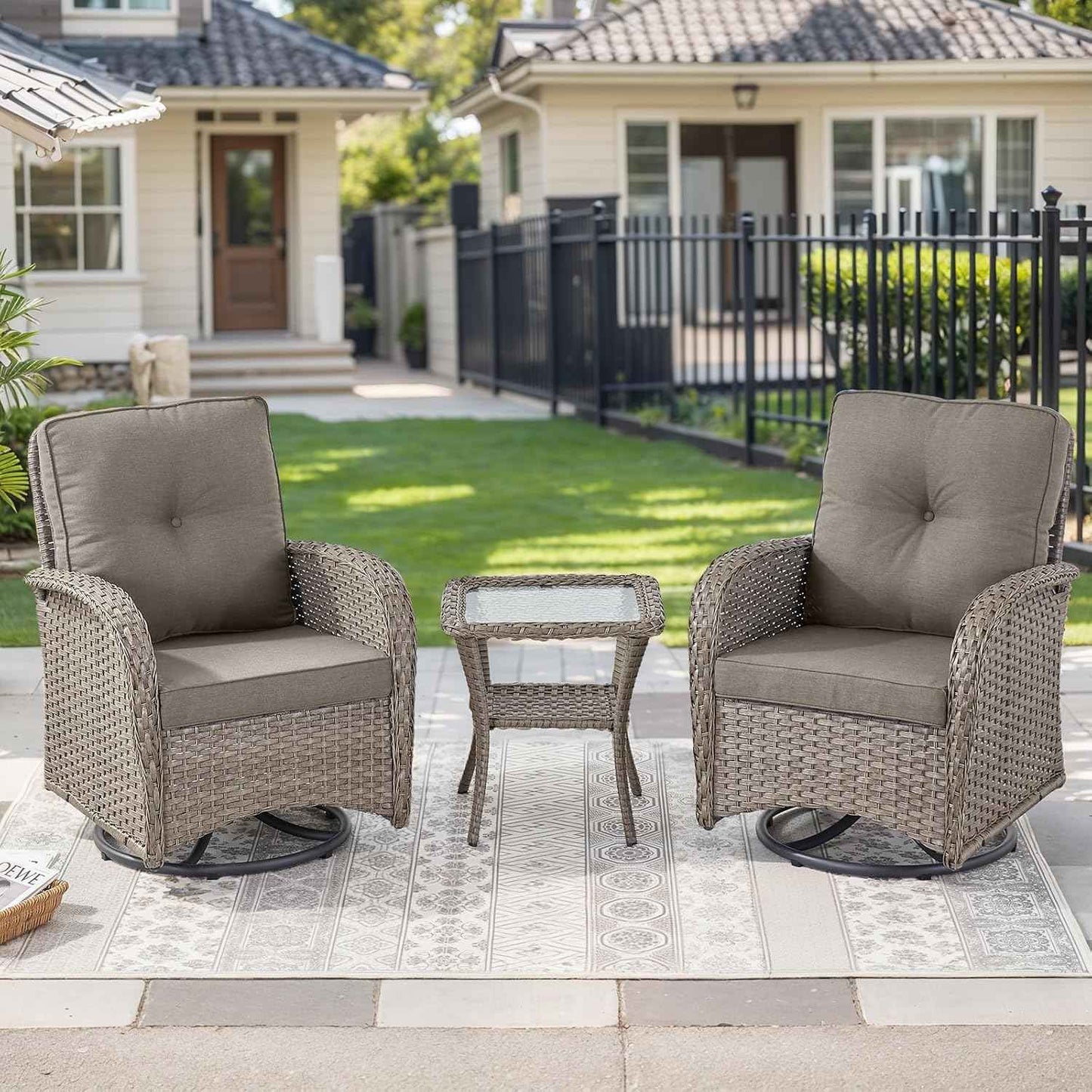 HUMMUH 3 Piece Outdoor Rocking Chairs Bistro Set-All Weather Wicker Outdoor Swivel Chairs Set of 2 with Side Table Small Patio Furniture Set for Porch Balcony Poolside-Grey/Grey