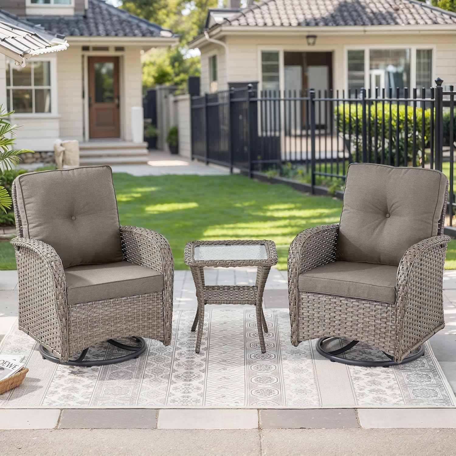 HUMMUH 3 Piece Outdoor Rocking Chairs Bistro Set-All Weather Wicker Outdoor Swivel Chairs Set of 2 with Side Table Small Patio Furniture Set for Porch Balcony Poolside-Grey/Grey