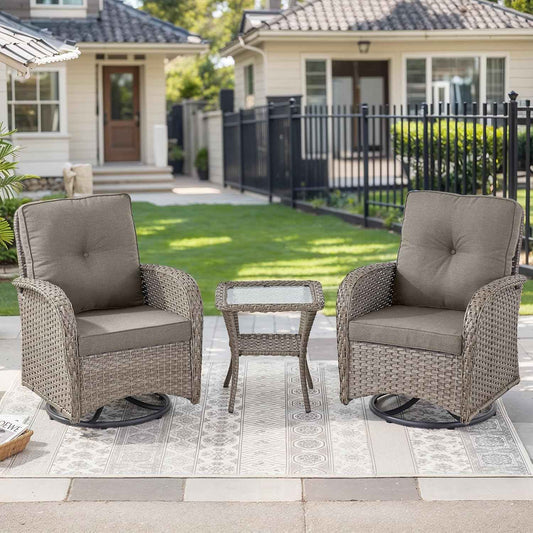 HUMMUH 3 Piece Outdoor Rocking Chairs Bistro Set-All Weather Wicker Outdoor Swivel Chairs Set of 2 with Side Table Small Patio Furniture Set for Porch Balcony Poolside-Grey/Grey