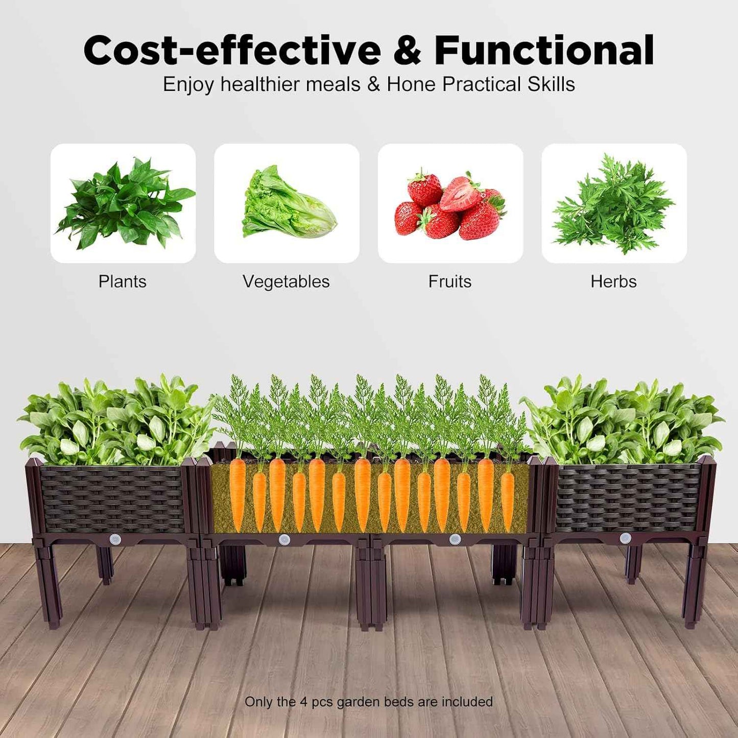 Raised Garden Bed, Elevated Planter Box Plastic Raised Beds with Legs & Drain Holes for Gardening Vegetables Herb Flowers Growing Outdoor, 4 Boxes Brown