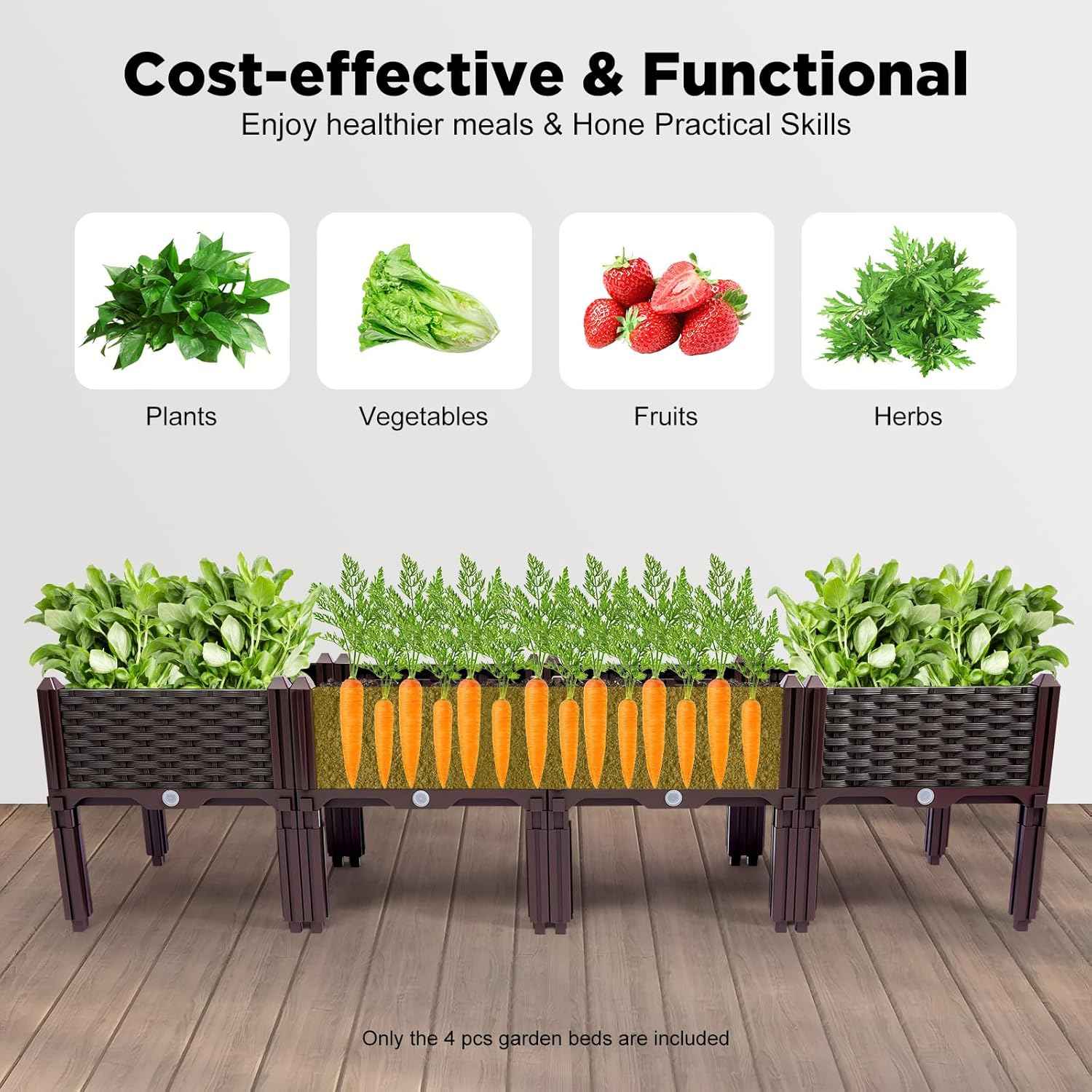 Raised Garden Bed, Elevated Planter Box Plastic Raised Beds with Legs & Drain Holes for Gardening Vegetables Herb Flowers Growing Outdoor, 4 Boxes Brown