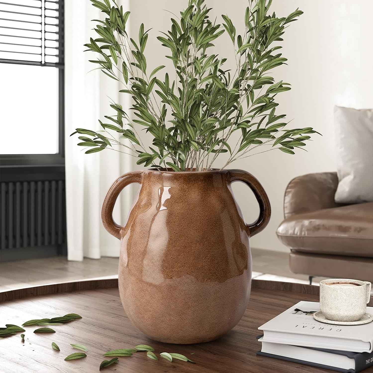 Antique Brown Ceramic Vase with Handles, Rustic Farmhouse Decor, 7 Inch Glazed Pottery Flower Vases for Home Decor, Handmade Decorative Vase for Flowers, Bouquet, Table, Kitchen, Living Room
