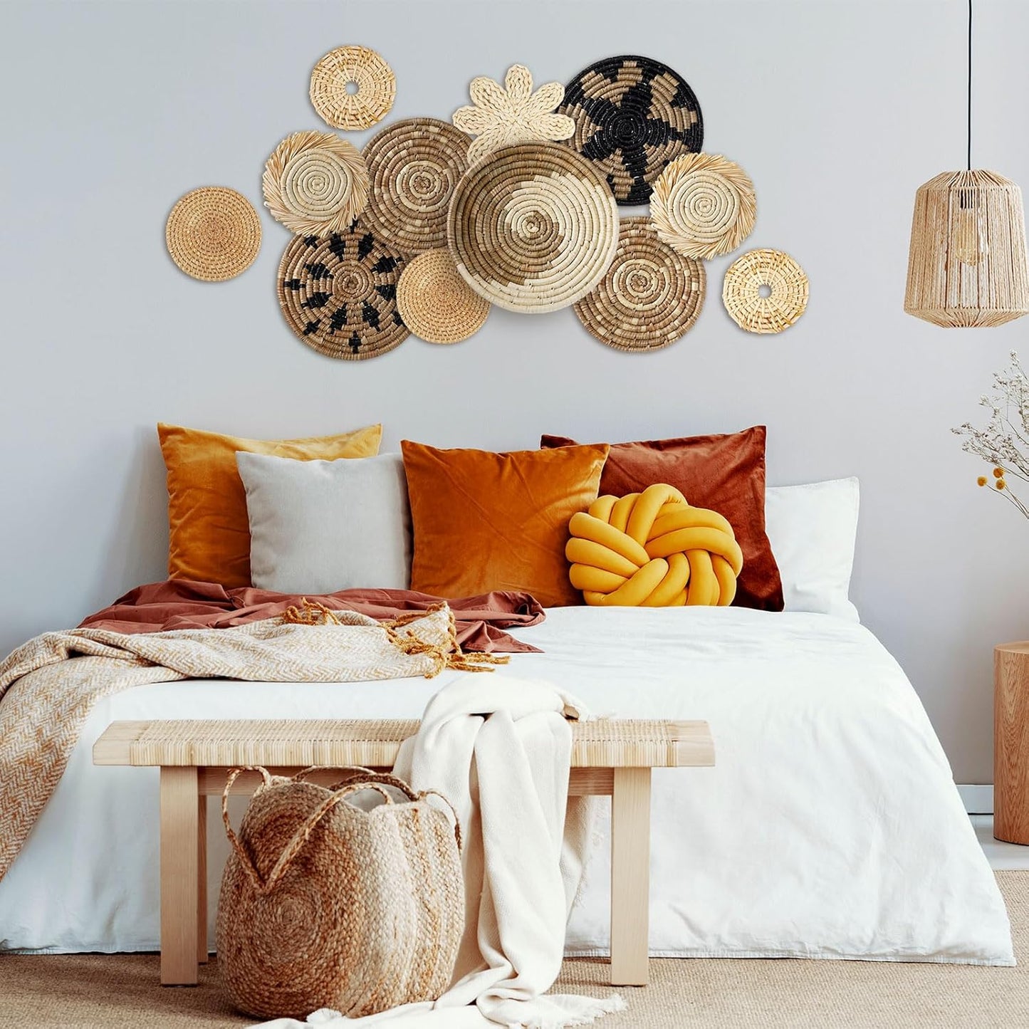 Xuhal 11 Pcs Boho Hanging Wall Basket Decor Handmade Woven Basket Wall Decorative Boho Wicker Baskets Placemats Round Farmhouse Bulrush Art for Rustic Home Decorations Christmas Gift(Rustic)