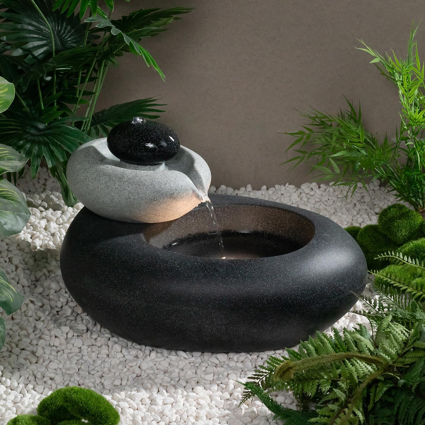 13.39" H Outdoor Water Fountain Made with Eco-Friendly Recyclable Materials, Polyethylene Rock Waterfall Outdoor Fountain, Garden Decor with LED Light & Pump for Patio, Backyard (13.39")