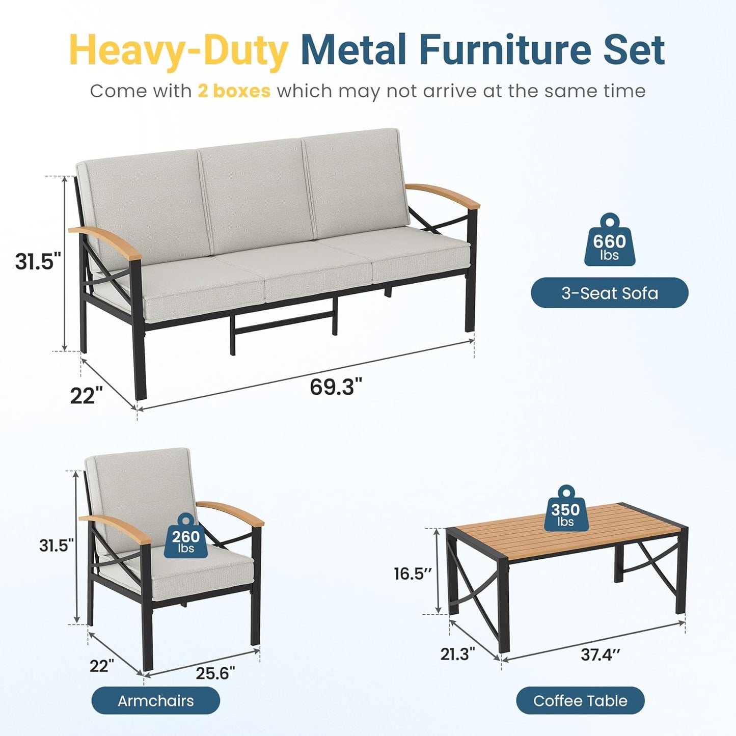 4-Piece Outdoor Patio Furniture Set for All-Weather, Heavy-Duty Metal Outside Furniture with Washable Thick Cushions, Patio Sectional with Coffee Table for Patio, Deck, Backyard, Garden, Beige