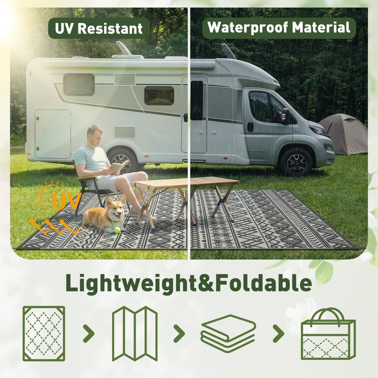 MontVoo-Outdoor Rug Waterproof 6x9 ft Outdoor Carpet Patio Rug Mat Reversible RV Camping Rug-Plastic Straw Rug Outside Outdoor Area Rug for Patio Deck Balcony Backyard Picnic Beach -Boho Grey
