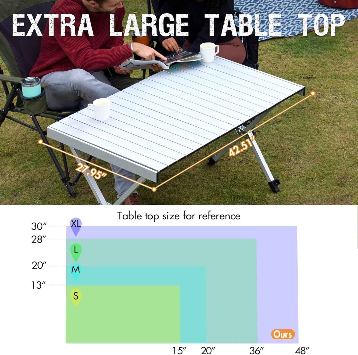 Portal Folding Outdoor Camping Table with Adjustable Height, Aluminum Roll-Up Top and Carry Bag, Big Large Portable Tables for Picnic, BBQ and Tailgating, Silver
