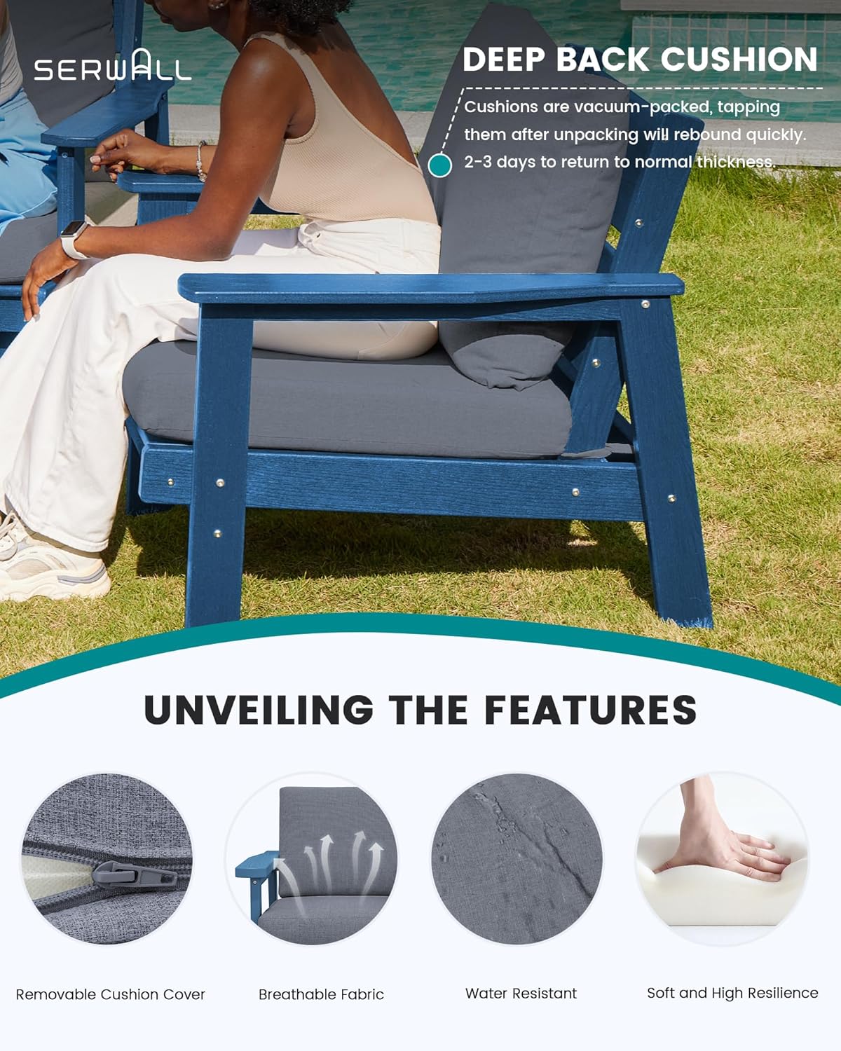SERWALL 4 Piece HDPE Outdoor Furniture Set, All Weather Wood-Like Outdoor Sofa Sectional Couch, Blue Patio Furniture Set with Grey Cushions