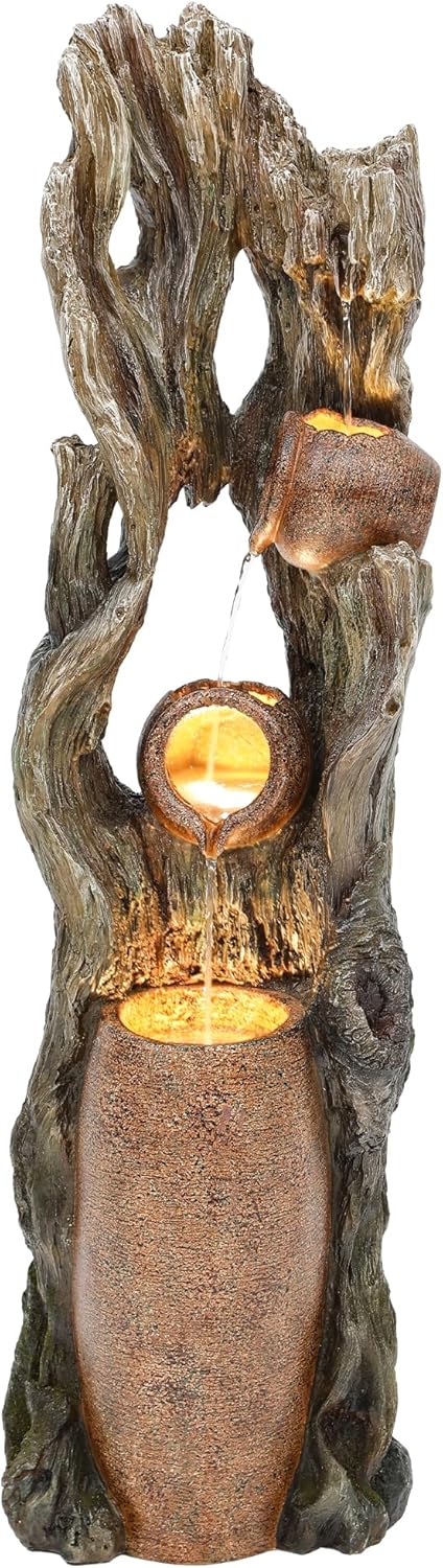 AUTODAYA Tall Outdoor Water Fountain with LED Lights, 42.7" 3-Tier Rainforest Waterfall Tree Trunk and Jar Garden Fountain, Ideal for Serene Relaxing Patio, Yard or Porch