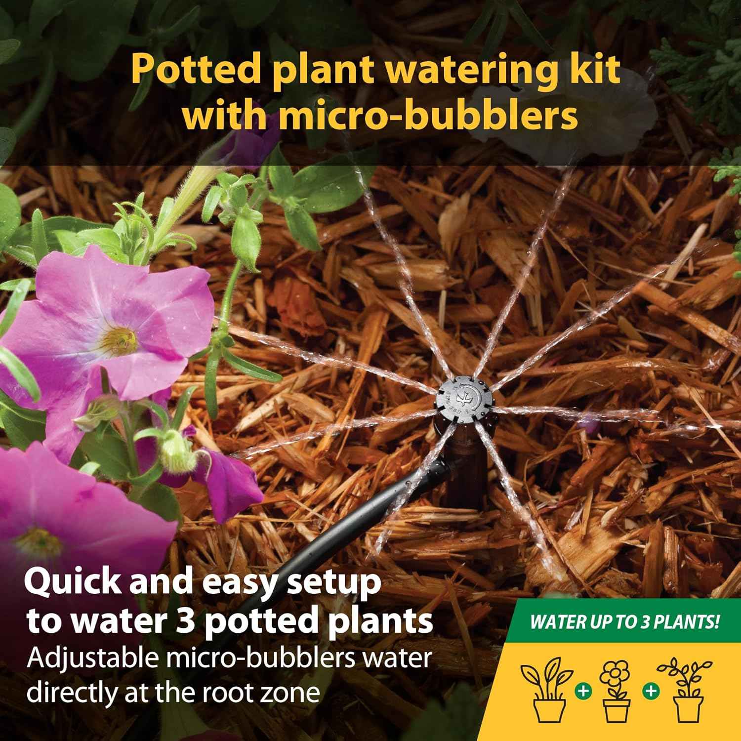 Rain Bird POTTEDKIT Drip Irrigation Container/Potted Plant Watering Kit, Connects to Faucet/Garden Hose, 1/4" Drip Tubing, 360° Micro Bubblers, T-Fittings and Pressure Regulator
