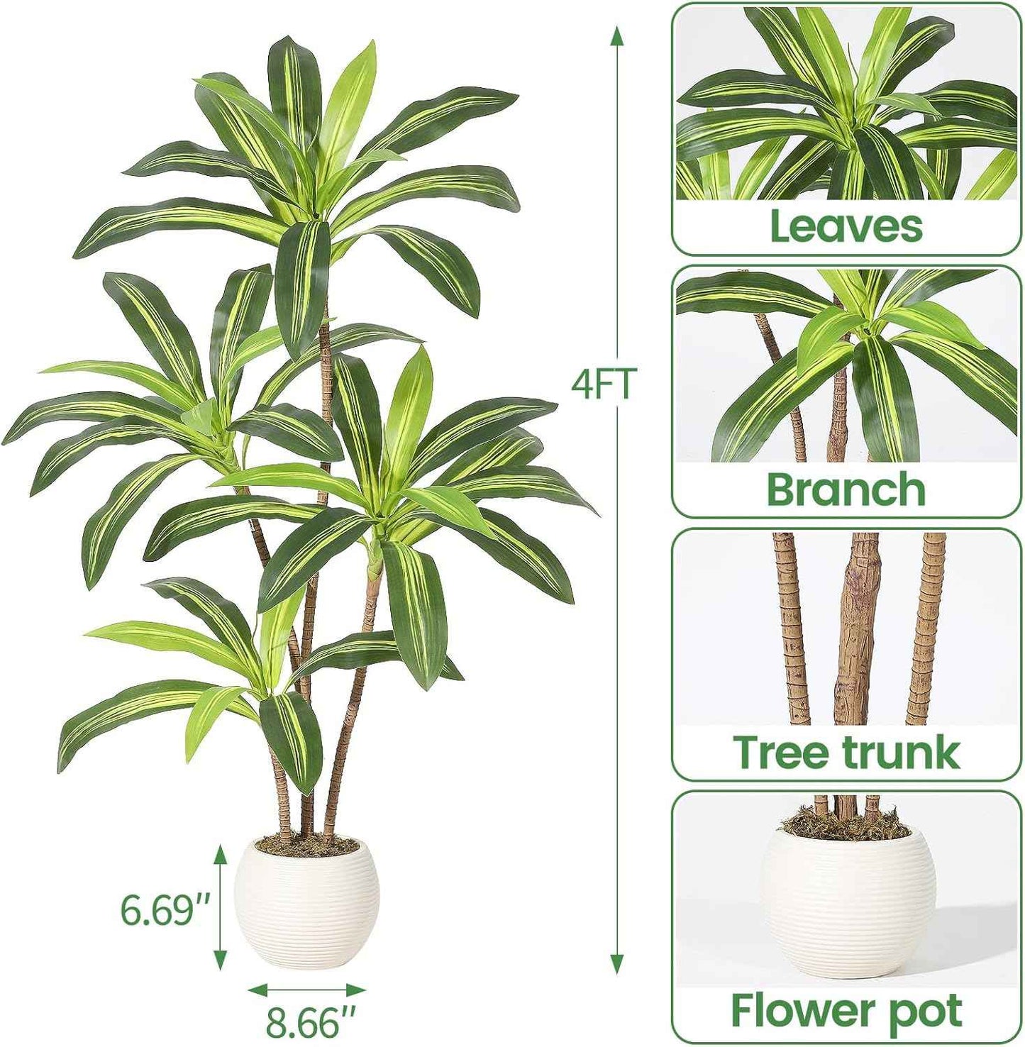 4FT Artificial Dracaena Tree, Artificial Plants Indoor with White Tall Planter, Faux Yucca Silk Tree Fake Tropical Floor Plant in Pot, Fake Plants for Home House Room Office Entryway Porch Decor
