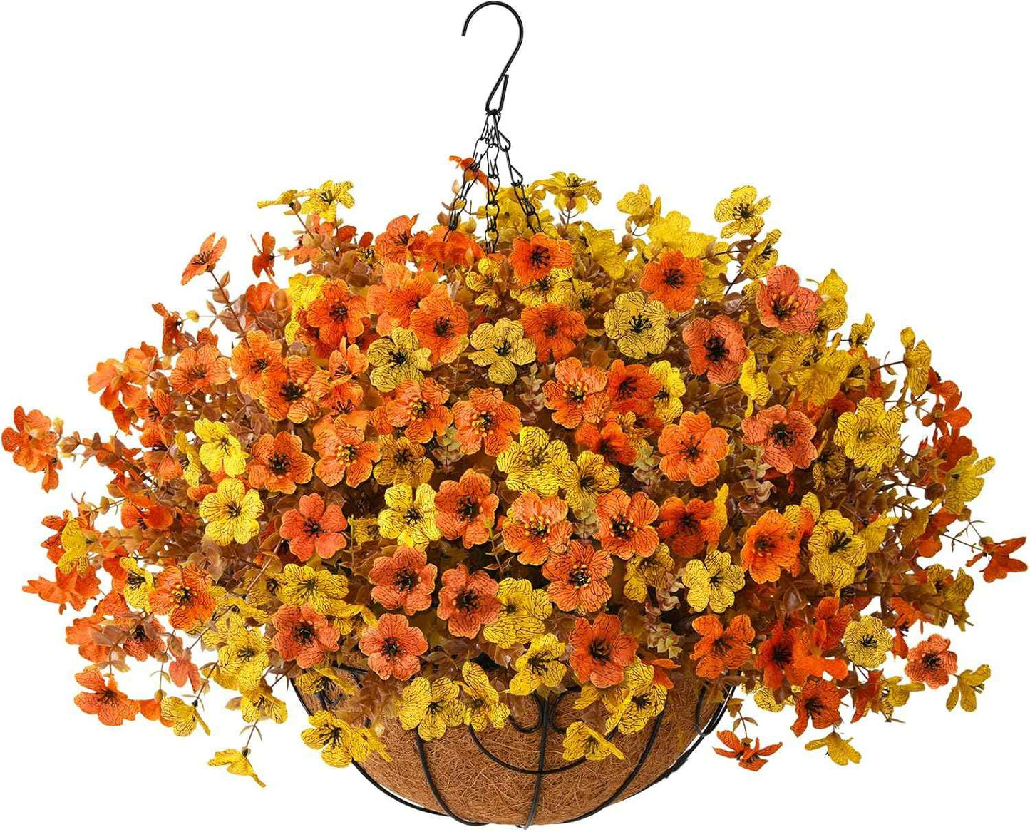 Artificial Fake Hanging Baskets Fall Flowers for Outdoors Autumn Decoration, 12 PCS Faux Daisy Silk Plants Outside UV Resistant Look Real Yard Patio Front Porch Balcony Home Decor (Orange Yellow)