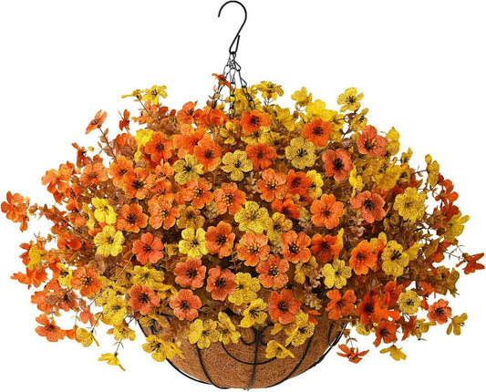 Artificial Fake Hanging Baskets Fall Flowers for Outdoors Autumn Decoration, 12 PCS Faux Daisy Silk Plants Outside UV Resistant Look Real Yard Patio Front Porch Balcony Home Decor (Orange Yellow)