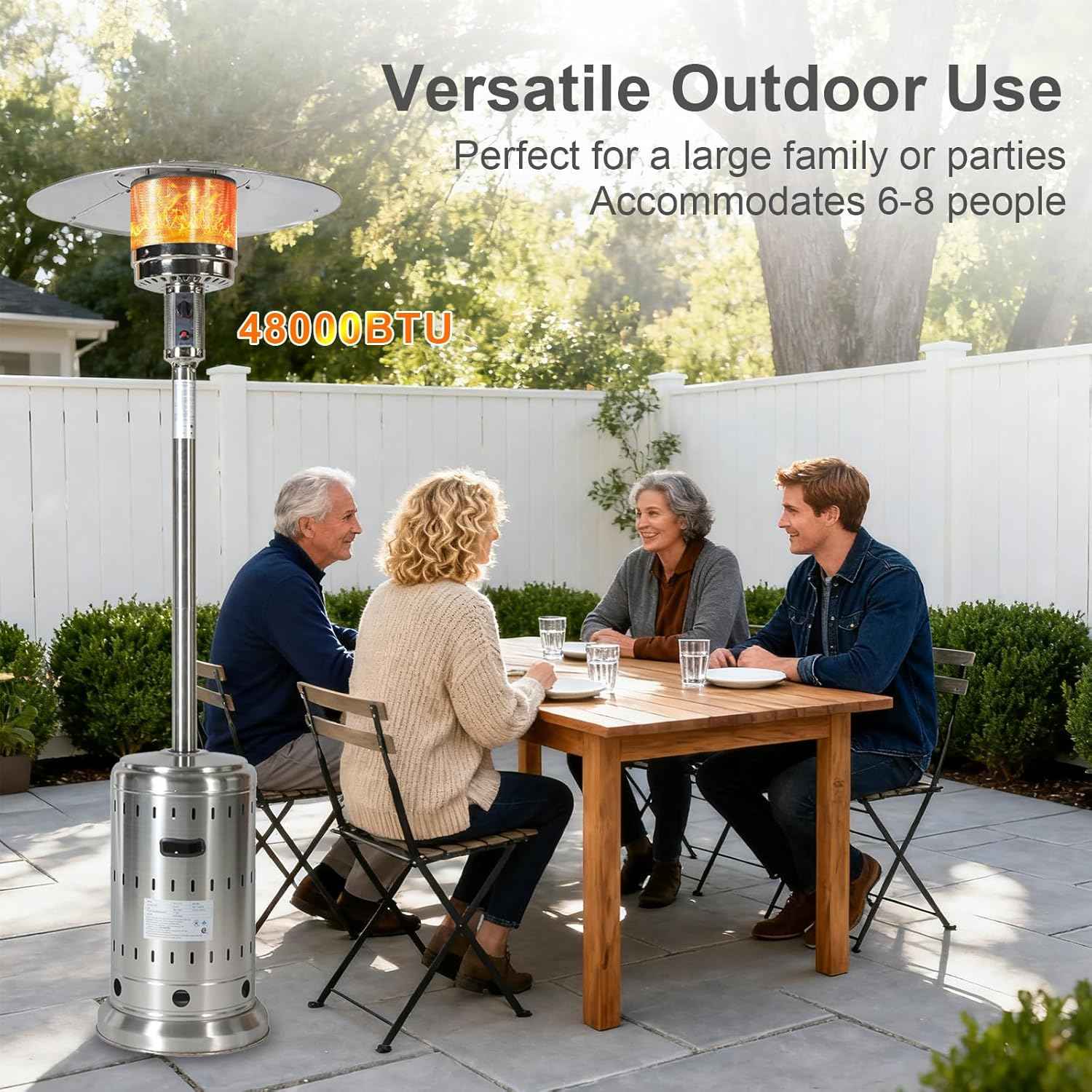 48,000 BTU Patio Heater for Outdoor Use with Wheels and Cover, Outdoor Stainless Steel Burner for Garden Commercial Residential, High Power Propane Heater, Triple Protection System