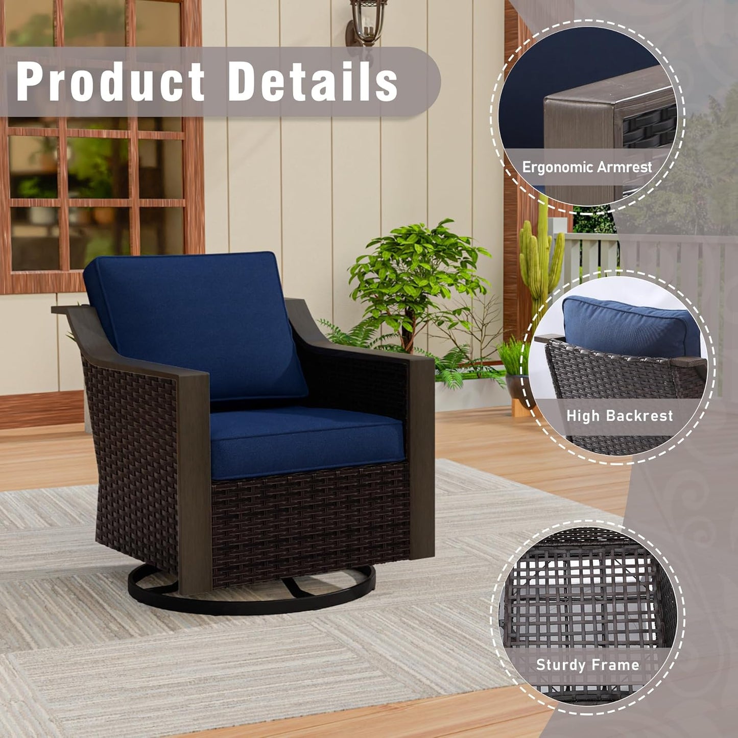 5 Piece Wicker Patio Conversation Set, All-Weather Use Outdoor 2 PE Rattan Swivel Chair, 2 Ottoman, 1 Patio Sofa, Removable Water-Resistant Cushion, Ideal for Porch, Backyard, Balcony, Poolside, Blue