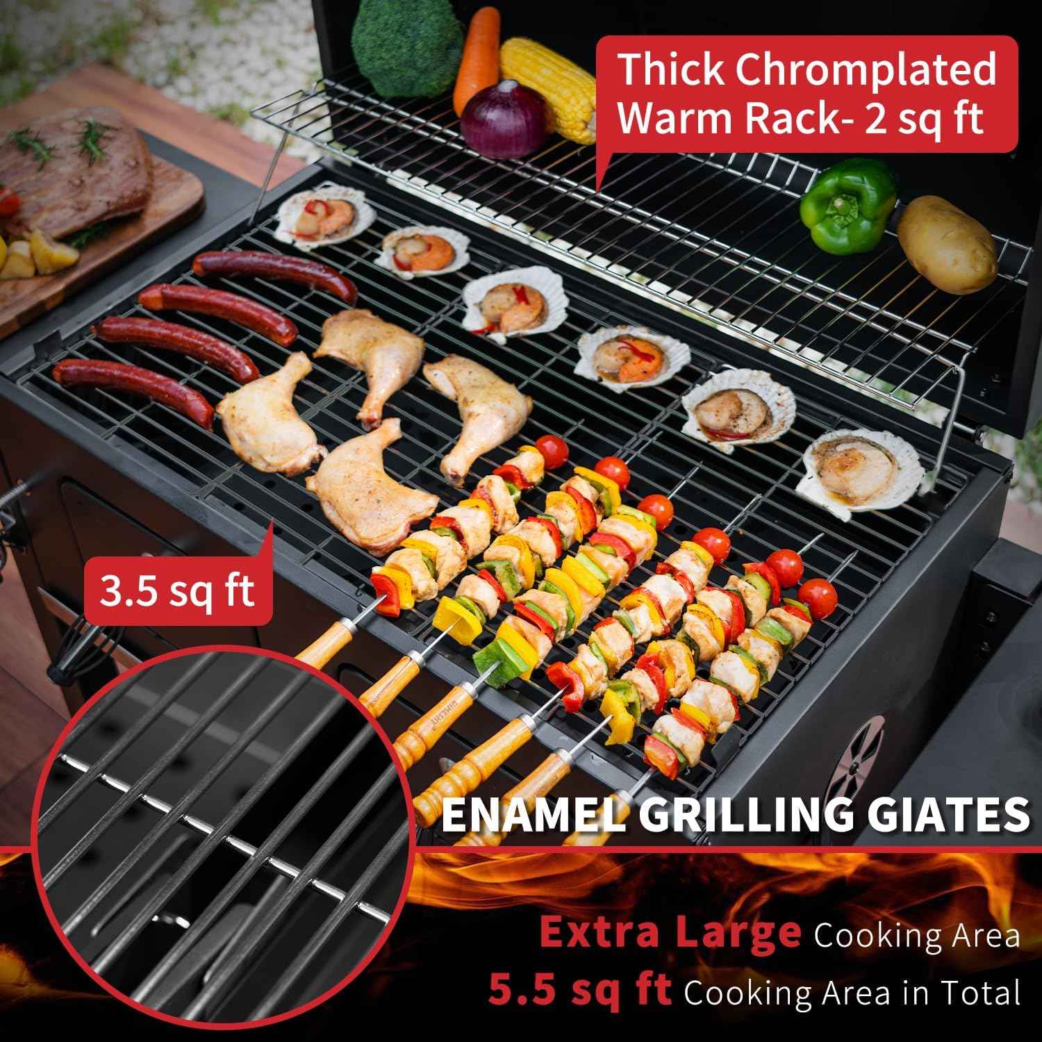 Kenadne Charcoal Grill Outdoor BBQ Grill, Extra Large Cooking Area 794 Square Inches with Two Adjustable & Individual Charcoal Tray, Foldable Side Tables for Outdoor Cooking grill Backyard