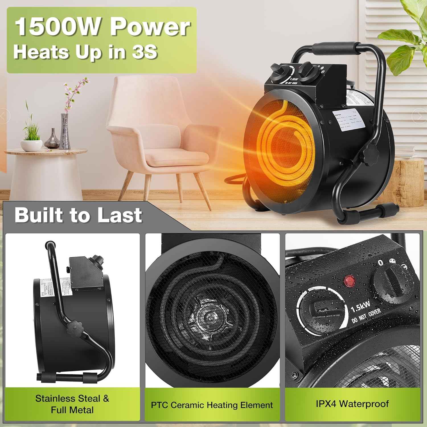 Greenhouse Heater with Thermostat, Large Size, 1500W Electric Heater, Fast Heating, Overheat Protection, Auto Temperature Control with Digital Display, for Winter Plants and Grow Tent
