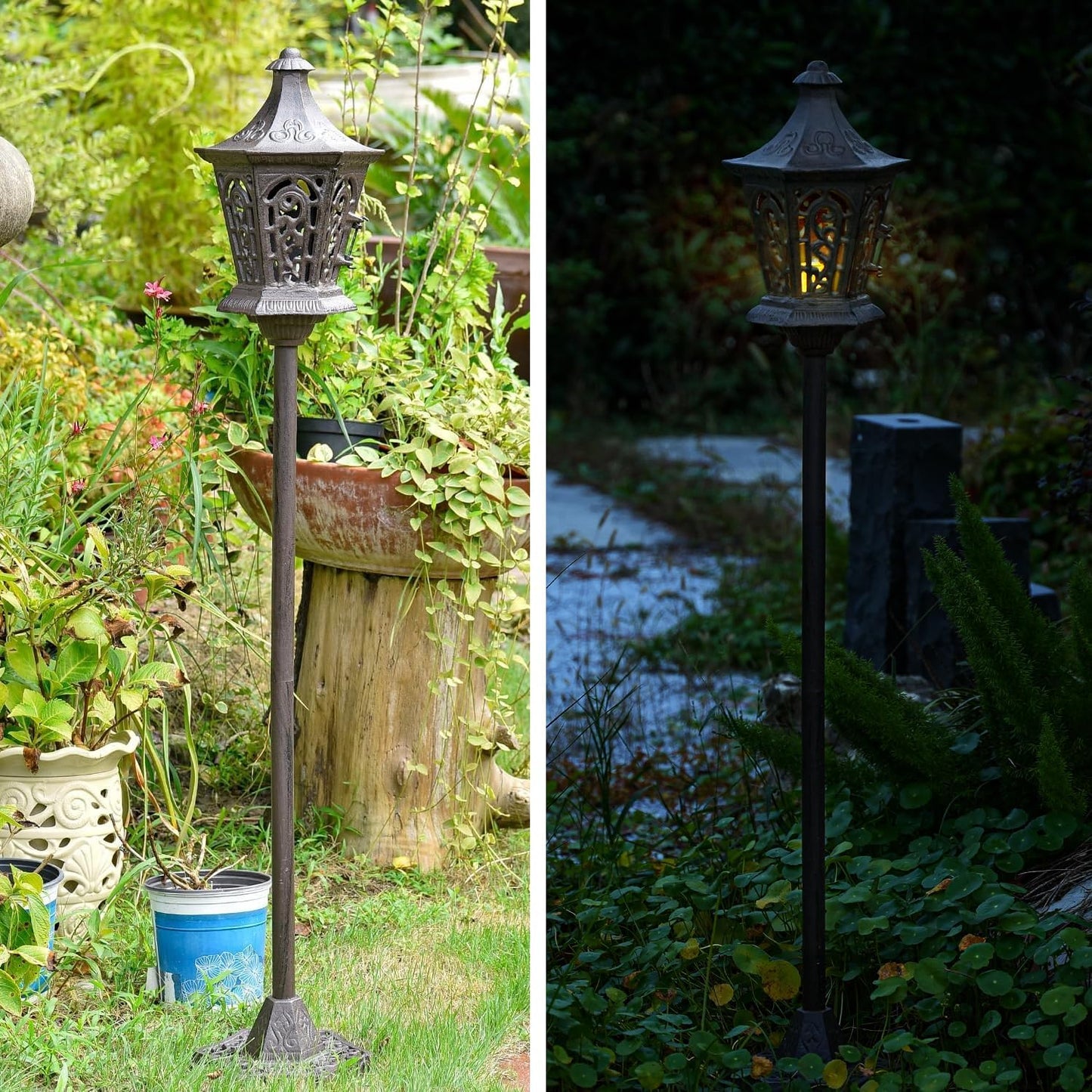 Sungmor Outdoor Decorative Lanterns, 47" Tall Cast Iron Floor Standing Candle Holders, Rustic Lantern Stand for Lawn Yard, Heavy Garden Lamp Post Porch Decor, Large Landscaping Candle Lantern