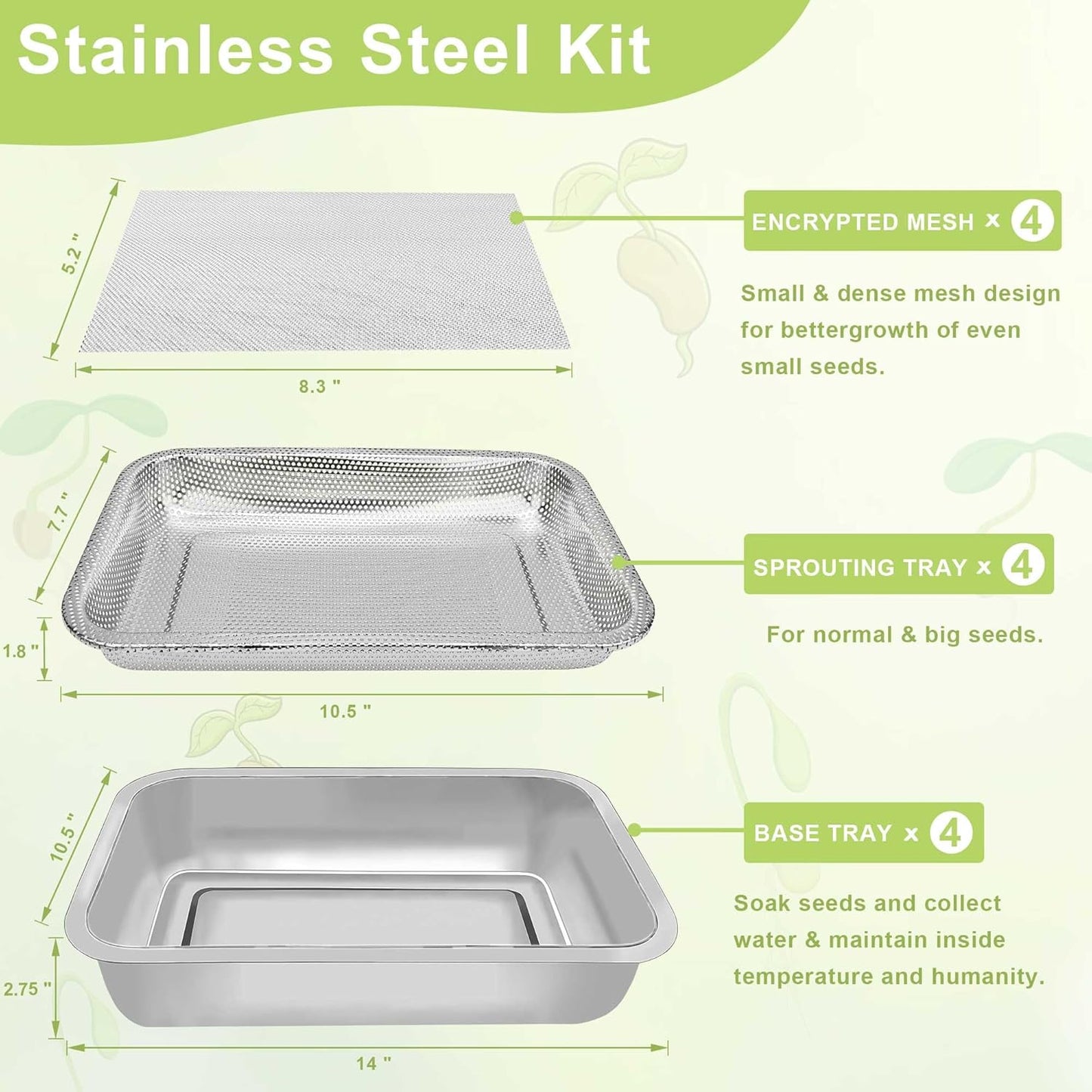 Stainless Steel Sprouts Growing Kit 4-Tier 14 inch Trays, Microgreens Growing Kit, Seed Sprouting Tray with Encrypted Mesh Sprouts for Beans Alfalfa Broccoli Wheat Grass