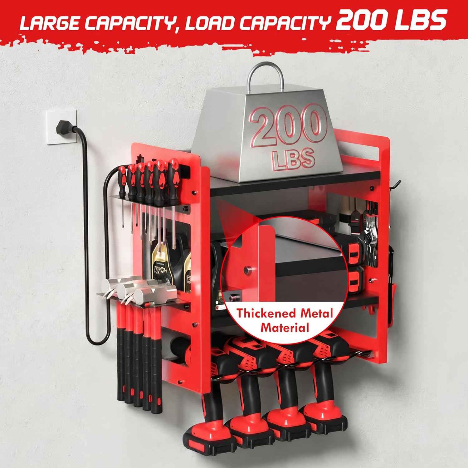 TOPRINCE Power Tool Organizer Wall Mount with Charging Station, 3-Tier Heavy Duty Metal Tool Rack with 4 Drill Holders and 6FT Power Strip, Garage Workshop Storage.Red