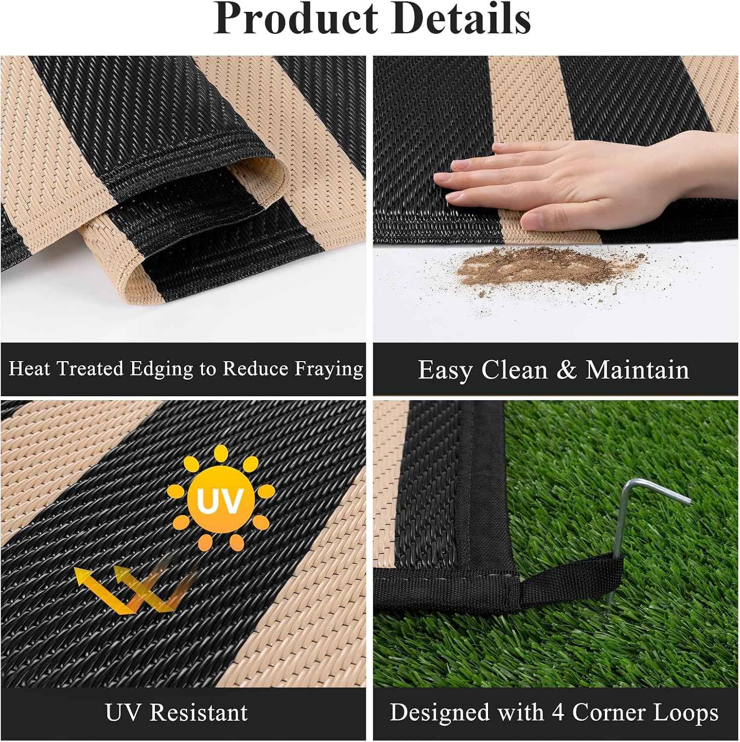 Vaukki Waterproof Outdoor Rug 8x10, Reversible Striped Patio Rug, Lightweight Plastic Straw Camping Mat, Indoor Outdoor RV Carpet for Outsides, Patio, Camping, Balcony, RV and Deck, Black and Beige